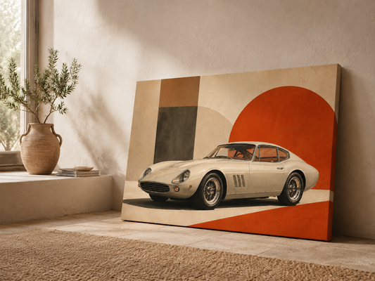 Crimson Geometry retro grand touring car canvas leaning on the floor in a warm Mediterranean interior