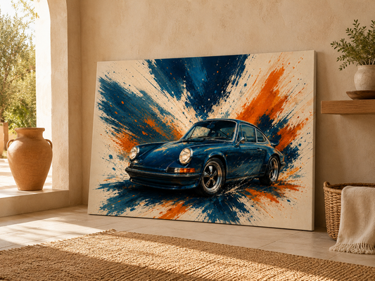 Blue Velocity illustrated classic sports car canvas leaning on the floor in a warm Mediterranean interior