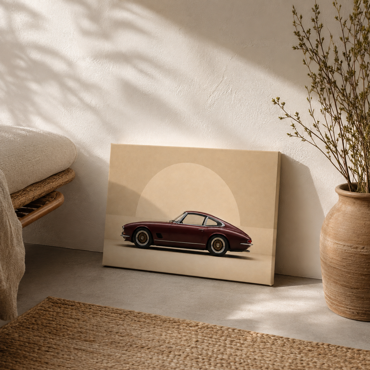 Burgundy Horizon burgundy sports car canvas leaning against a sunlit wall