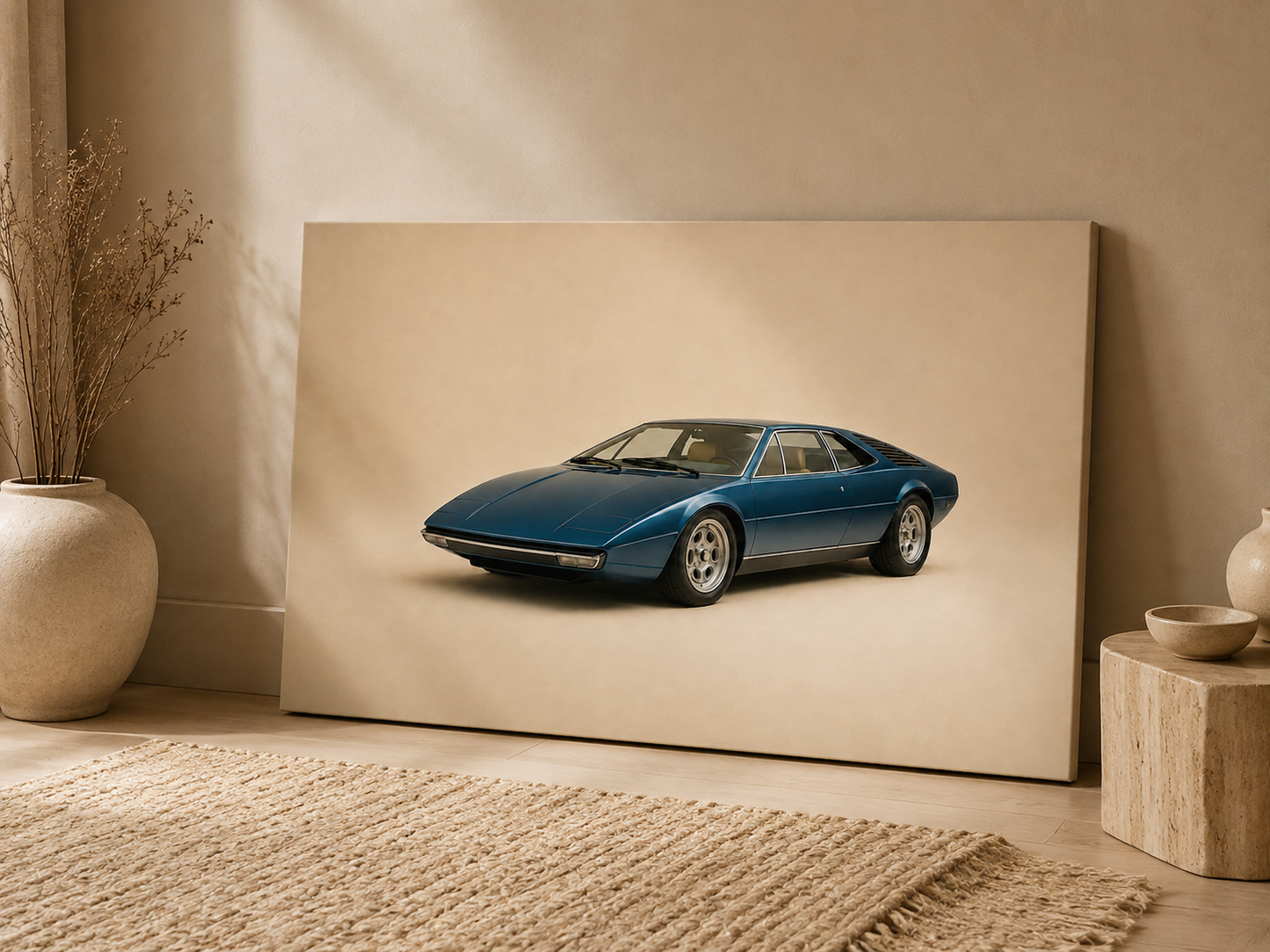 Blue Meridian petrol blue sports car canvas leaning on the floor in a warm neutral interior