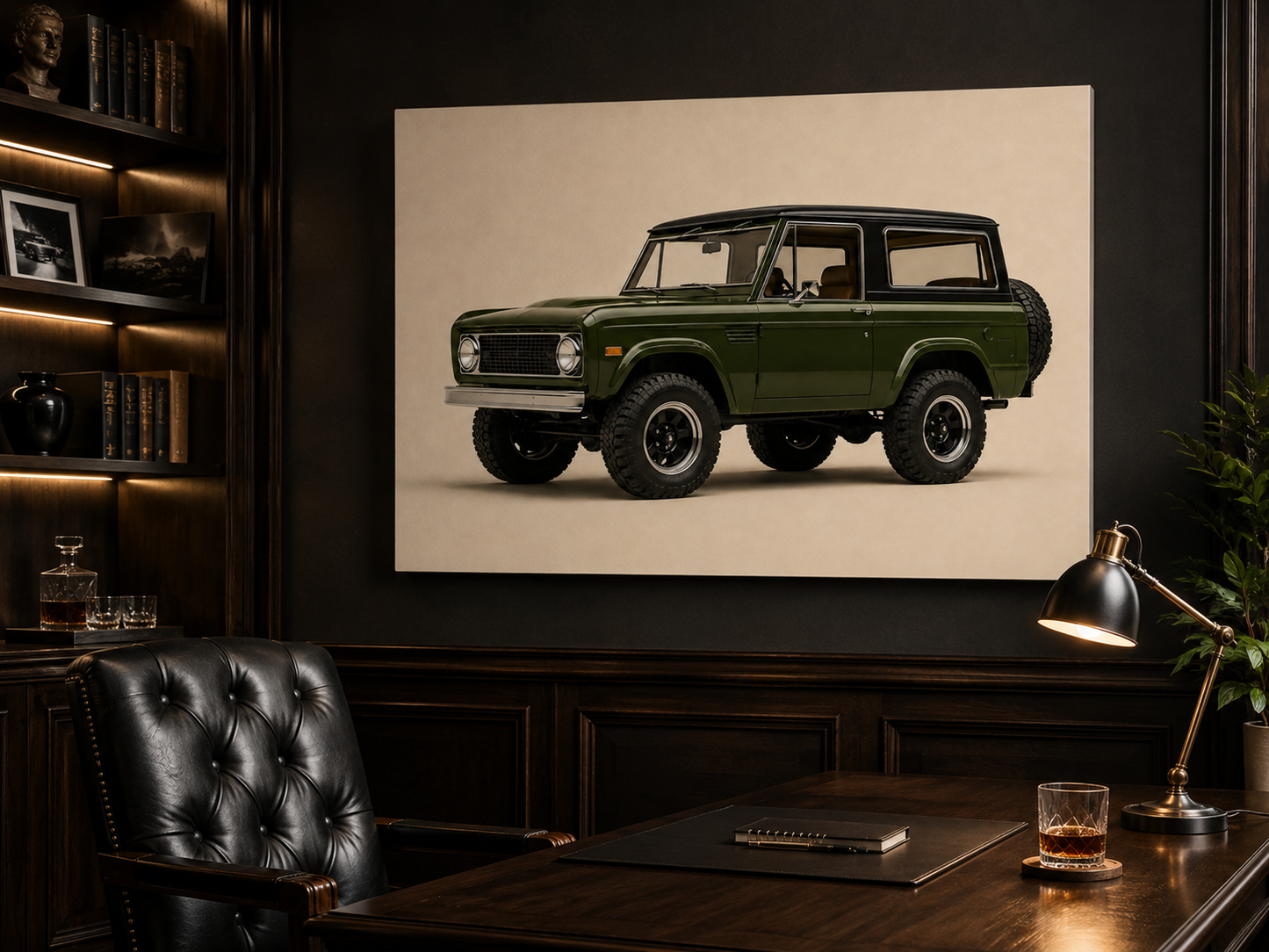 Olive Trail minimalist off road canvas displayed in a dark executive office