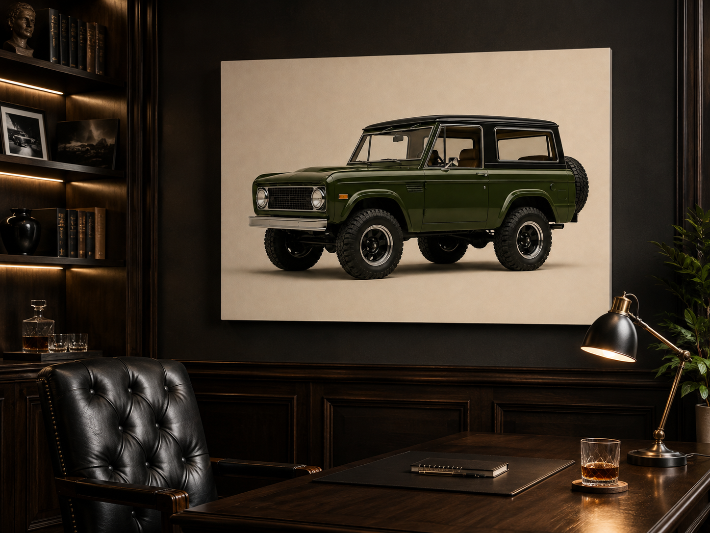 Olive Trail minimalist off road canvas displayed in a dark executive office
