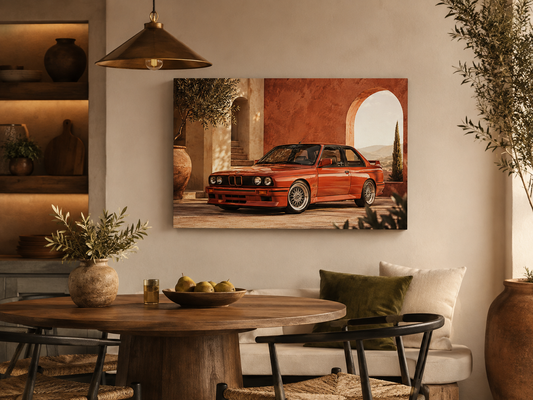Rosso M3 classic red performance coupe canvas displayed in a warm Mediterranean dining room
