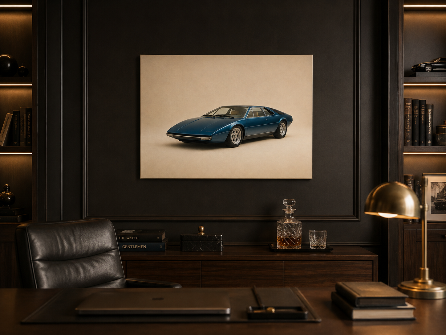 Blue Meridian minimalist automotive wall art displayed in a dark executive office