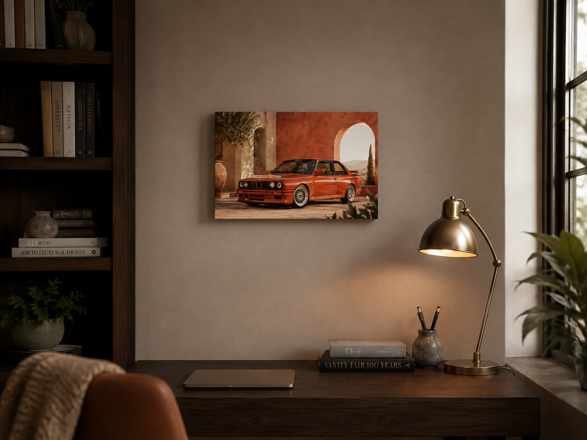 Rosso M3 small classic car canvas displayed above a compact home office desk