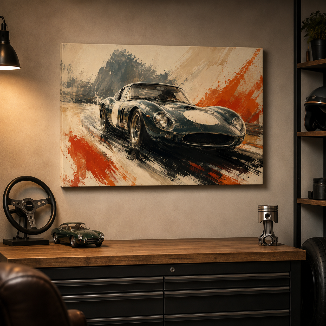 Illustrated vintage racing car canvas displayed in an automotive garage