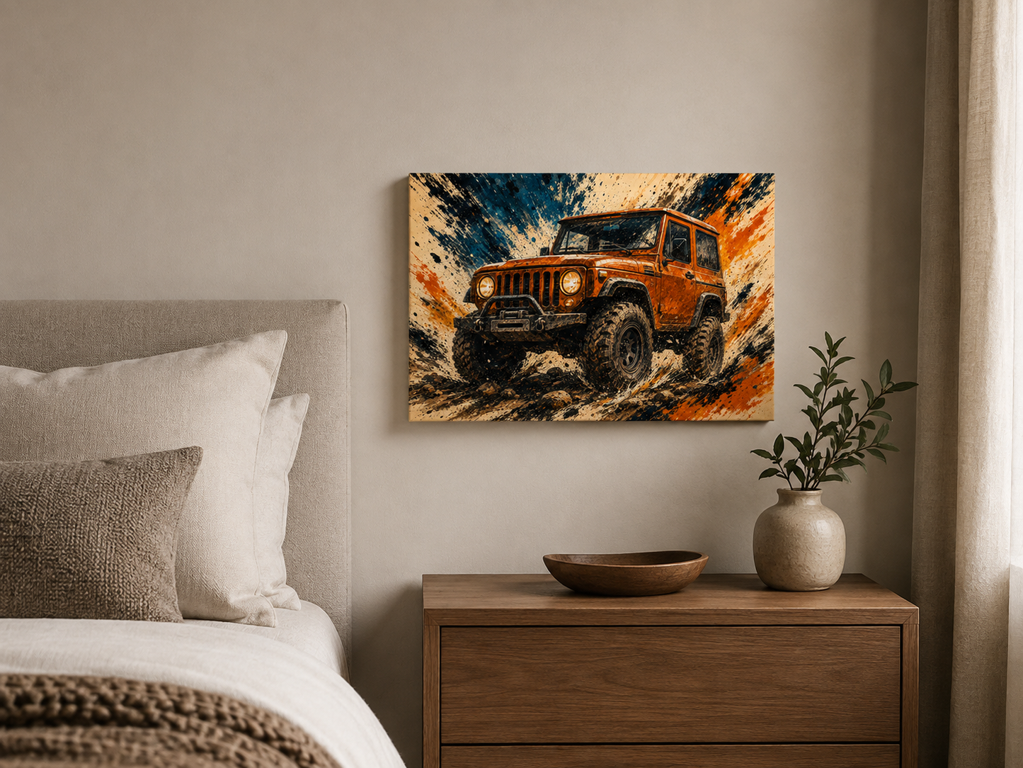 Trail Burst illustrated 4x4 canvas displayed in a room setting