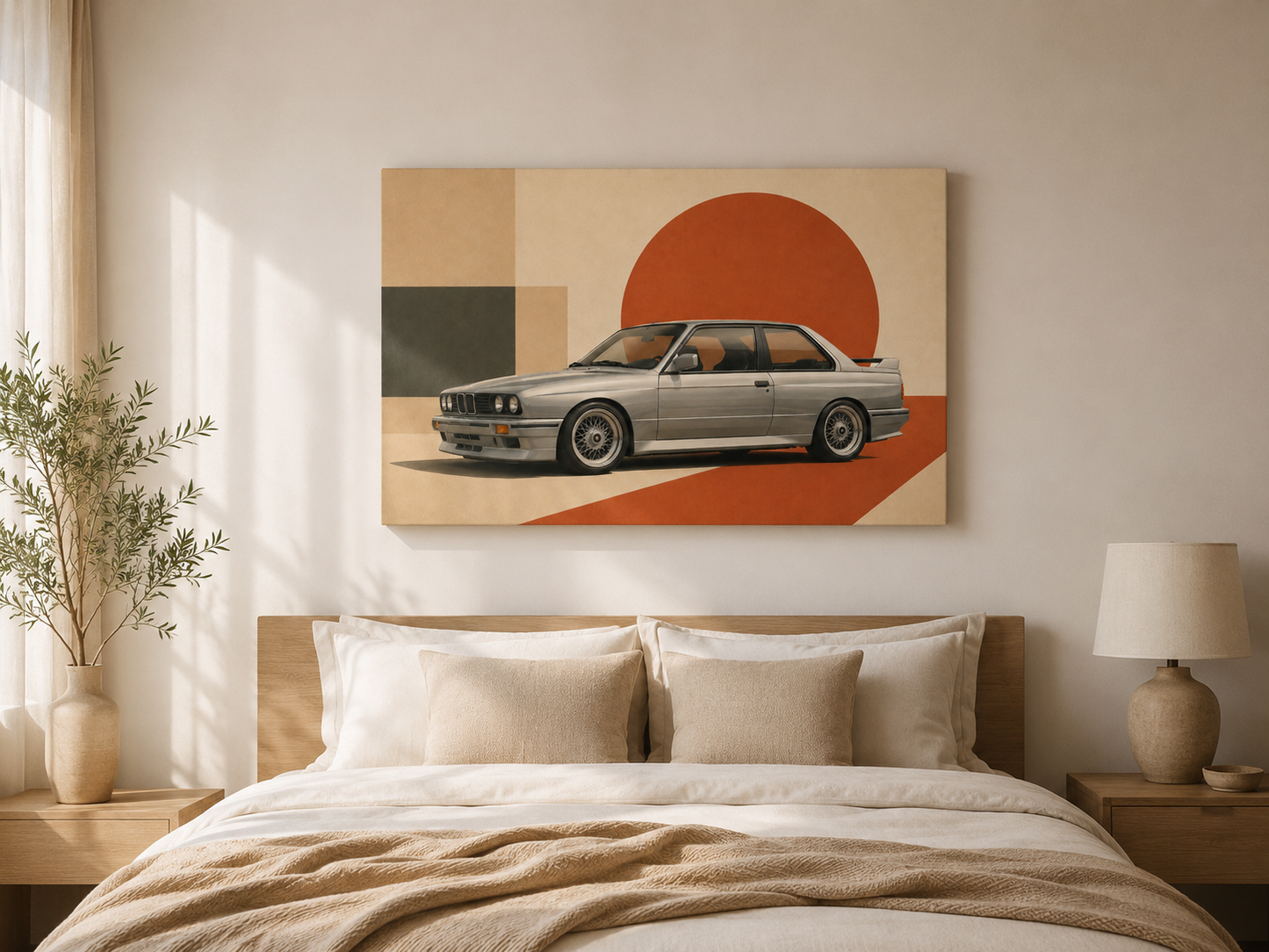 Silver Apex geometric retro car canvas displayed above a bed in a bright neutral bedroom