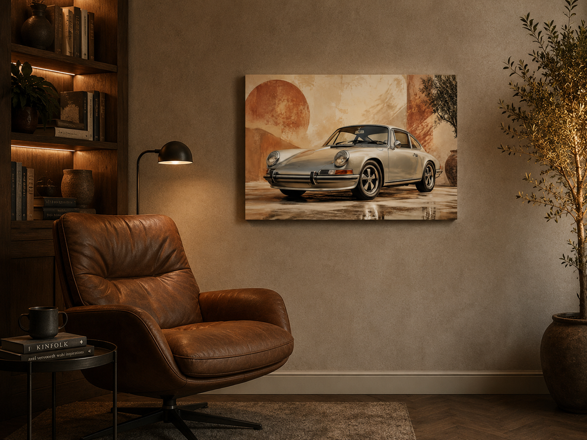 Terracotta 911 classic automotive wall art above a leather armchair in a warm reading room