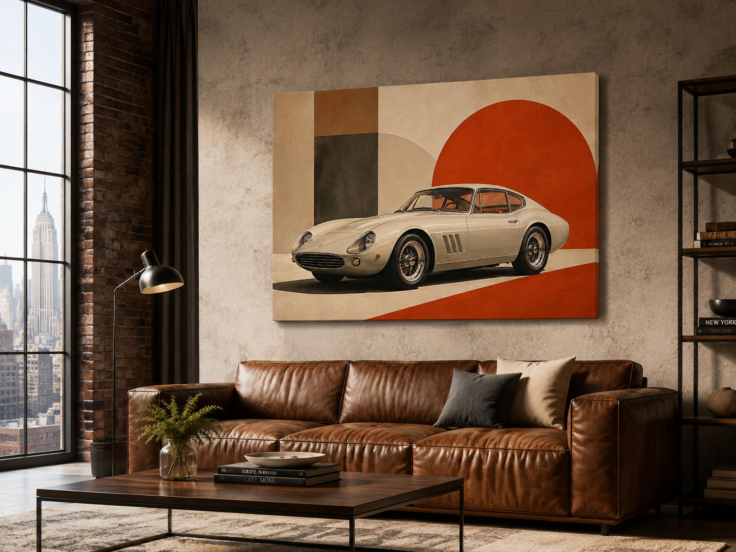 Crimson Geometry automotive wall art displayed in an industrial New York style loft