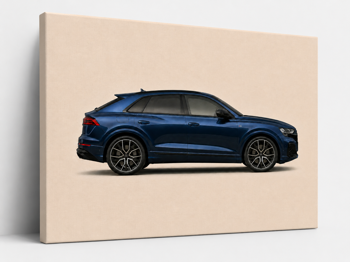 Midnight Q8 minimalist blue luxury SUV canvas wall art on a cream background