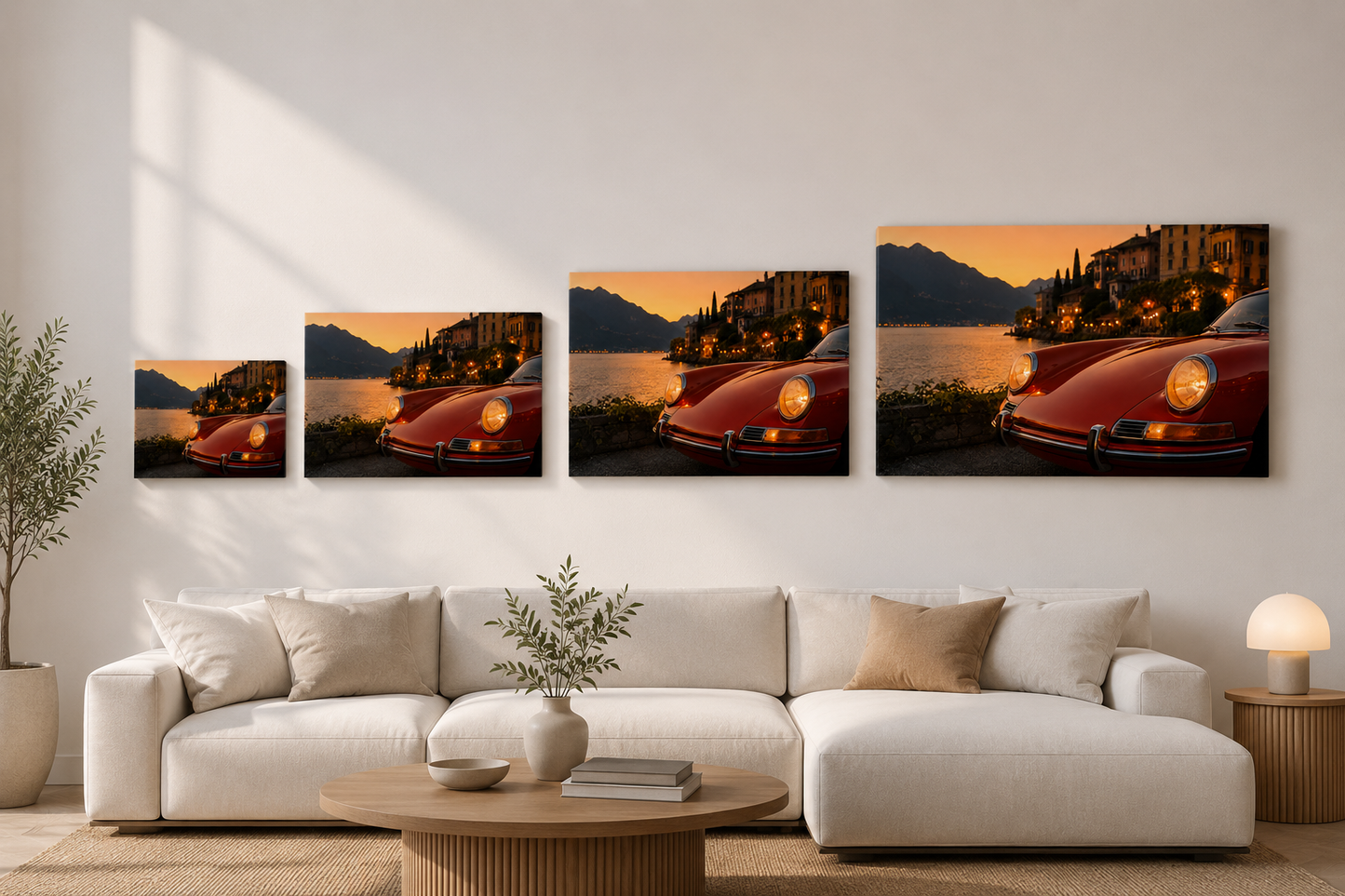 Crimson Riviera canvas size comparison showing 30x45 40x60 50x75 and 60x90 cm horizontal automotive wall art