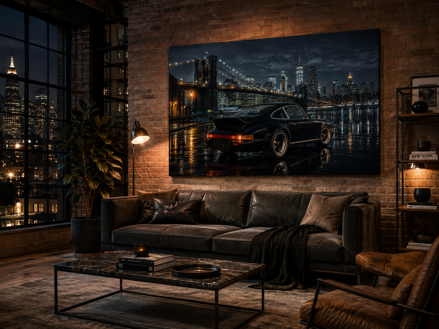 Midnight Borough dark New York classic car canvas displayed in an industrial loft apartment
