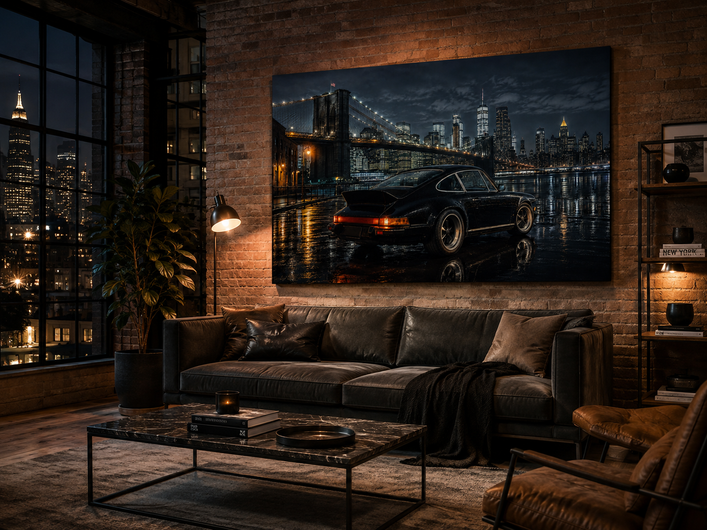 Midnight Borough dark New York classic car canvas displayed in an industrial loft apartment
