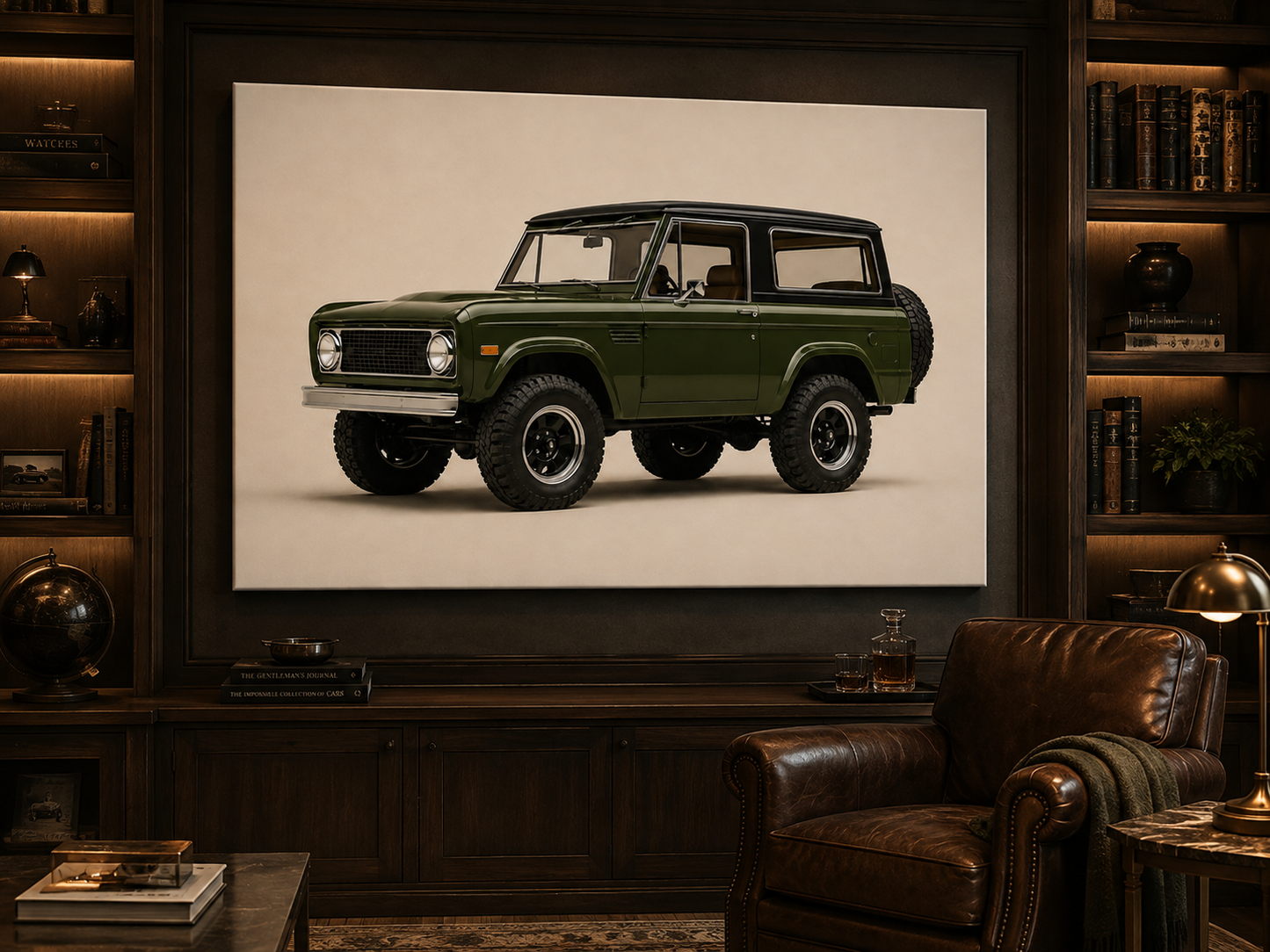 Olive Trail minimalist automotive canvas displayed in a dark luxury library