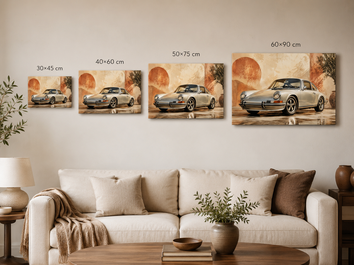 Terracotta 911 canvas size comparison showing 30x45 40x60 50x75 and 60x90 cm options