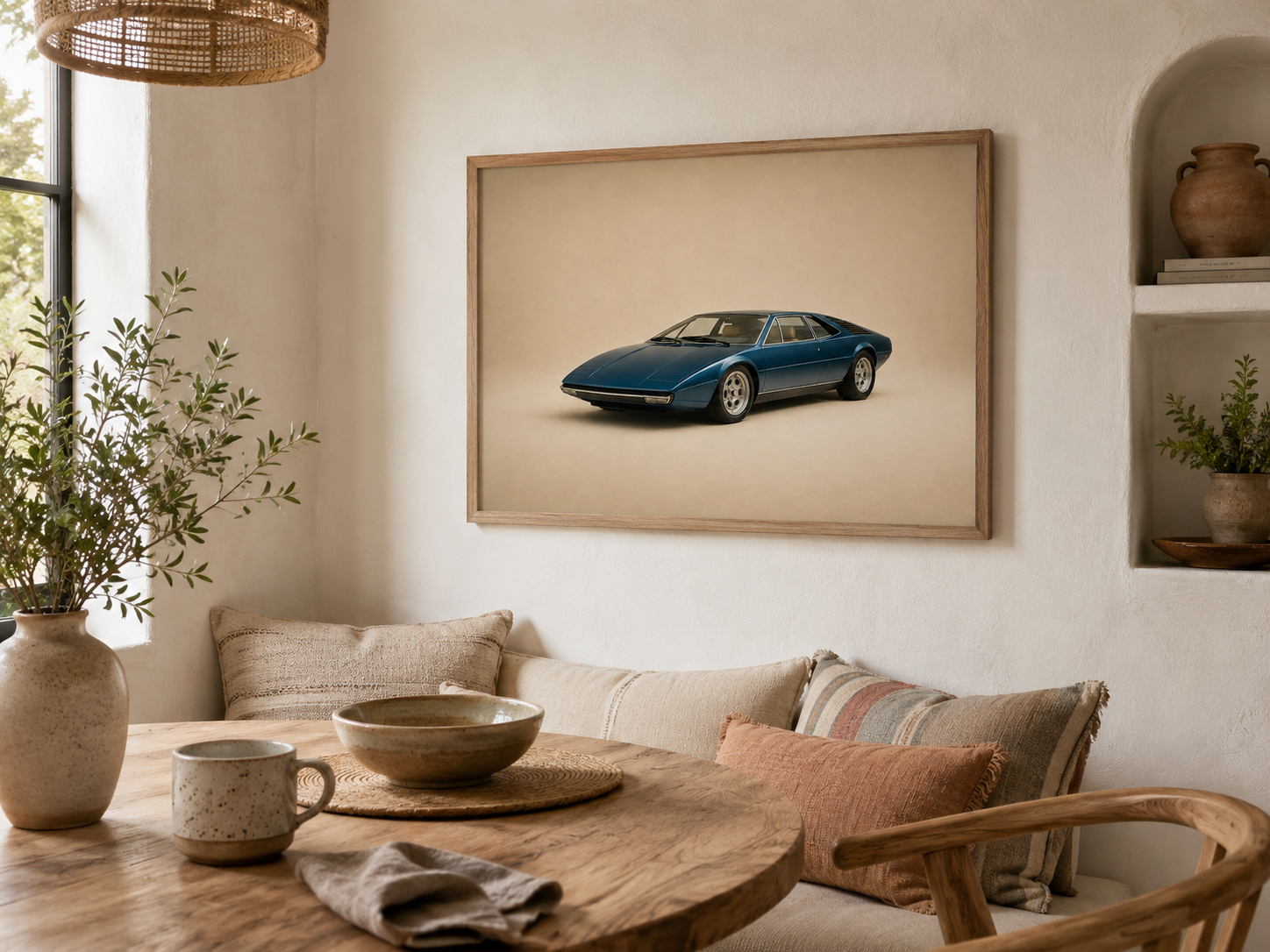Blue Meridian petrol blue automotive canvas displayed in a warm Mediterranean dining room