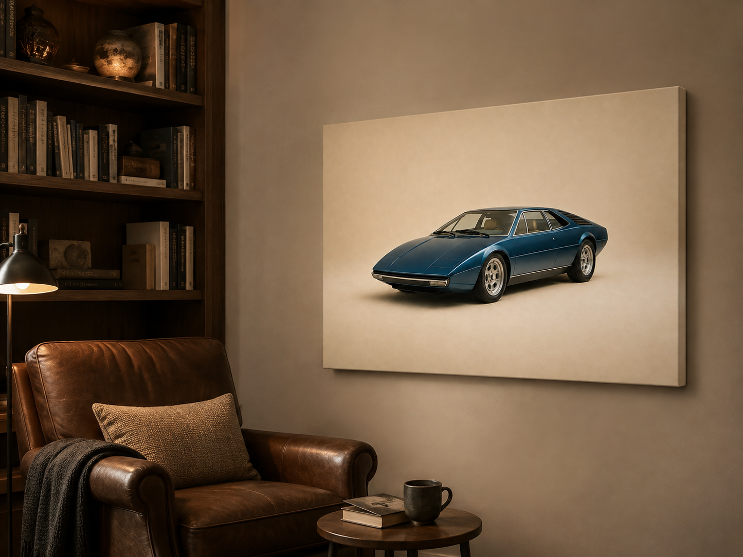 Blue Meridian blue sports car artwork displayed in a cosy leather reading room