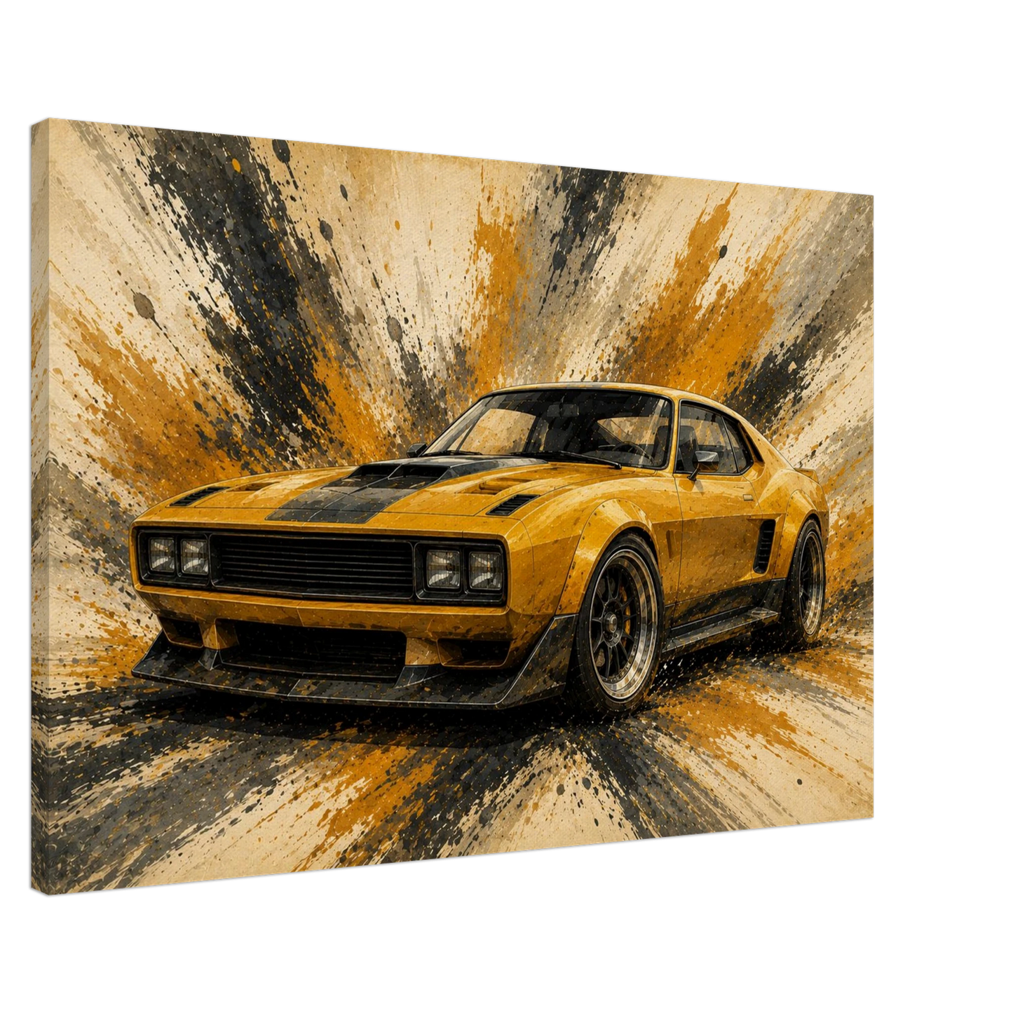 Mustard Motion illustrated classic muscle car canvas wall art on white background
