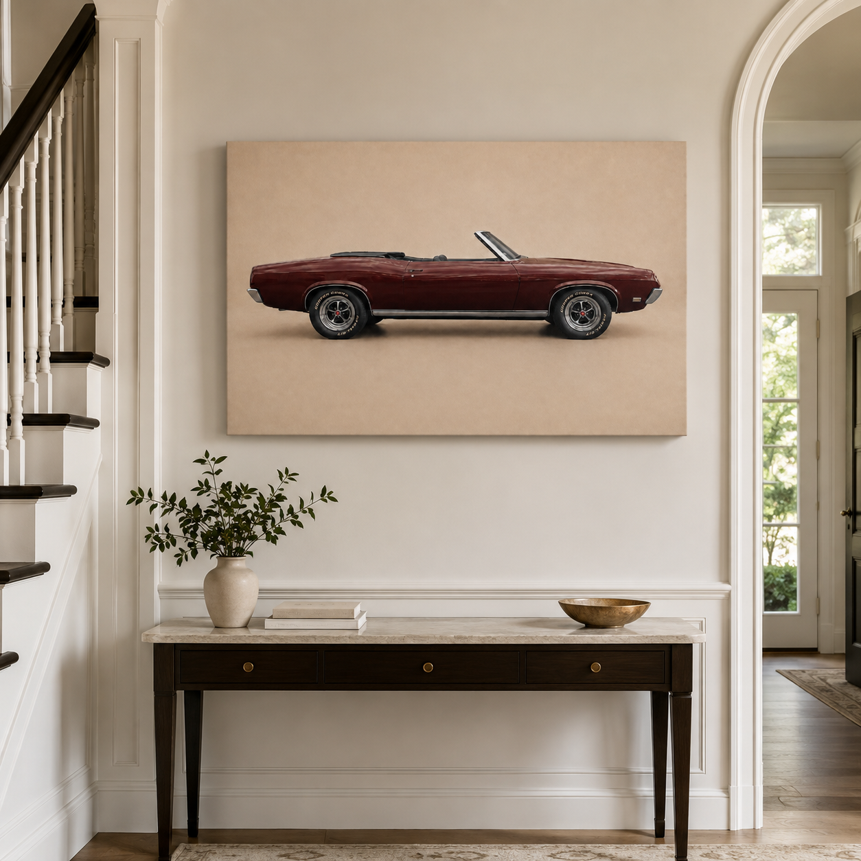 Burgundy Open Road classic convertible canvas displayed above an elegant hallway console