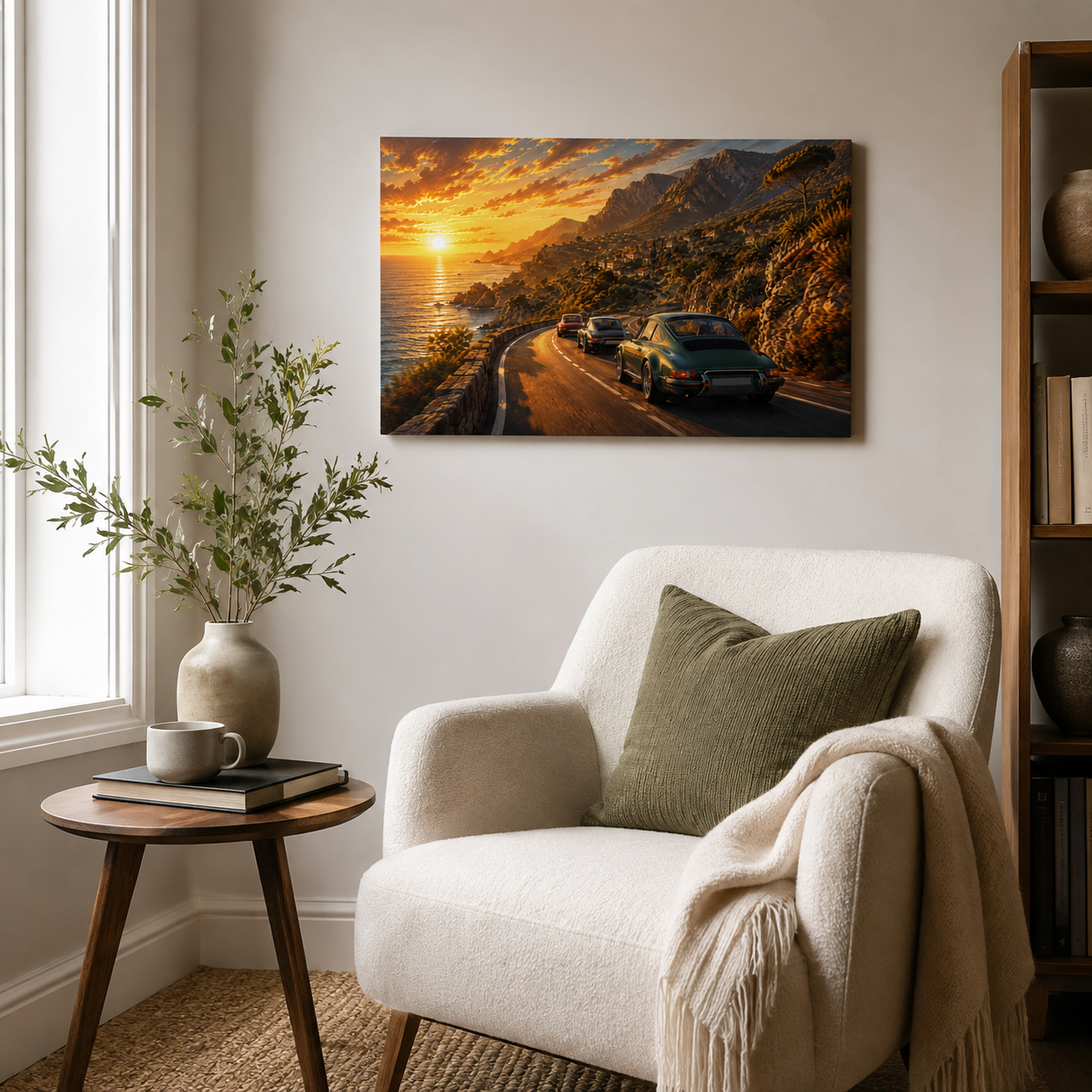 Small Golden Coast Run classic car canvas displayed beside a neutral reading chair