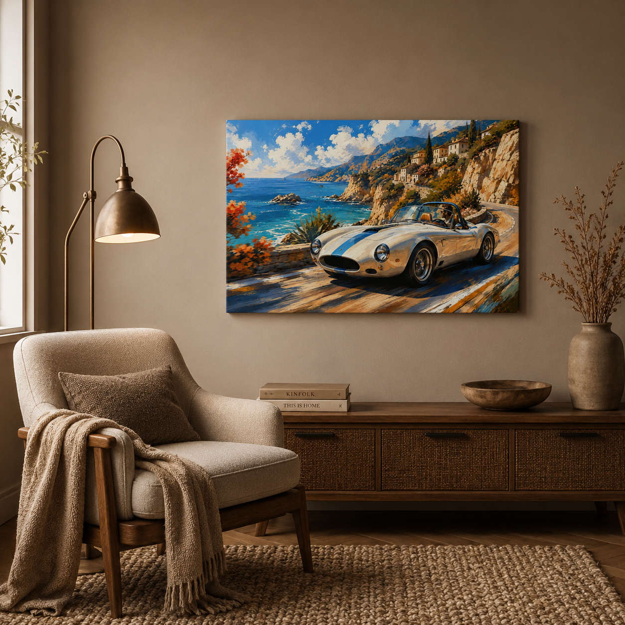 Azure Coast roadster wall art displayed in a cosy contemporary reading corner