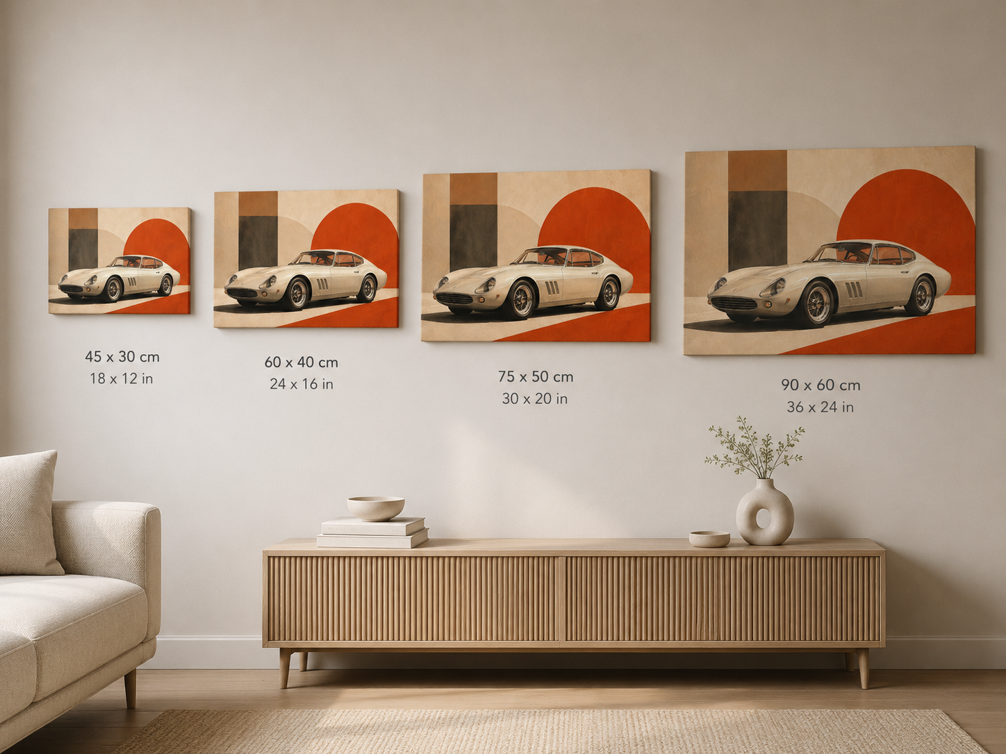 Crimson Geometry canvas size comparison in 30x45 40x60 50x75 and 60x90 cm