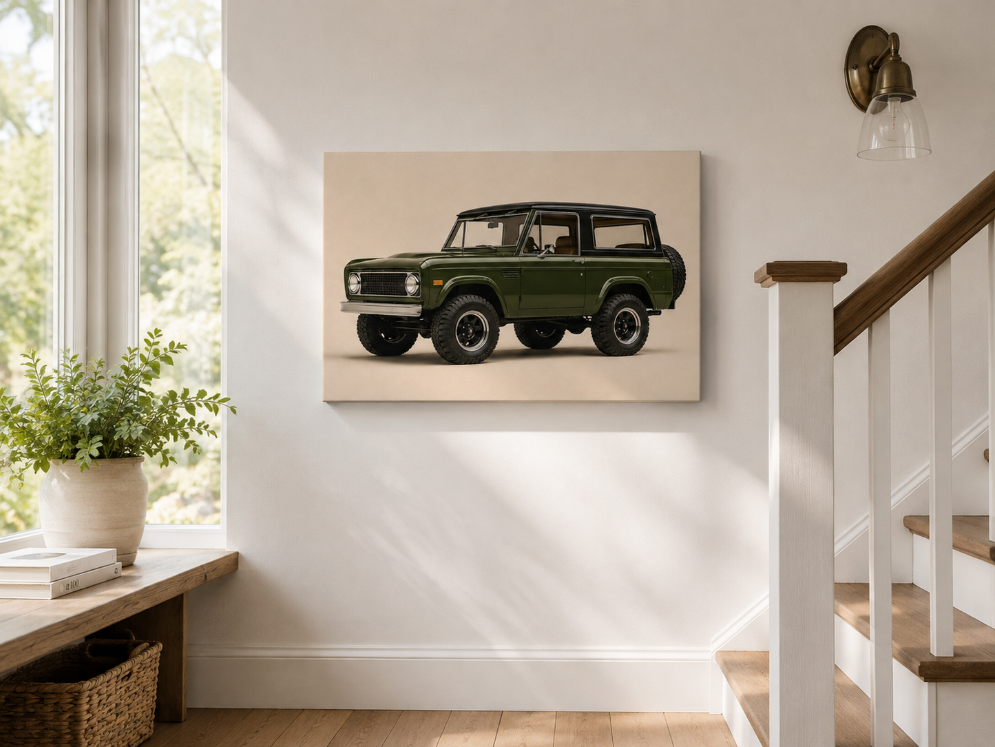 Olive Trail classic 4x4 wall art displayed beside a bright staircase landing