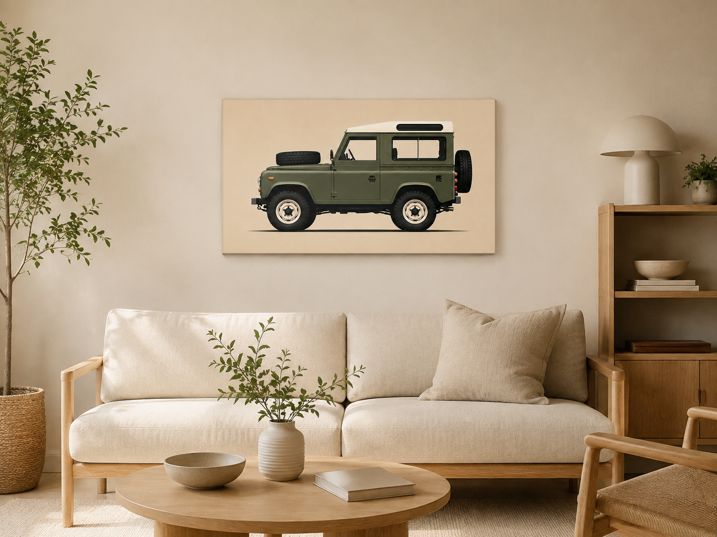 Olive Expedition classic 4x4 wall art displayed above a cream sofa in a minimalist living room