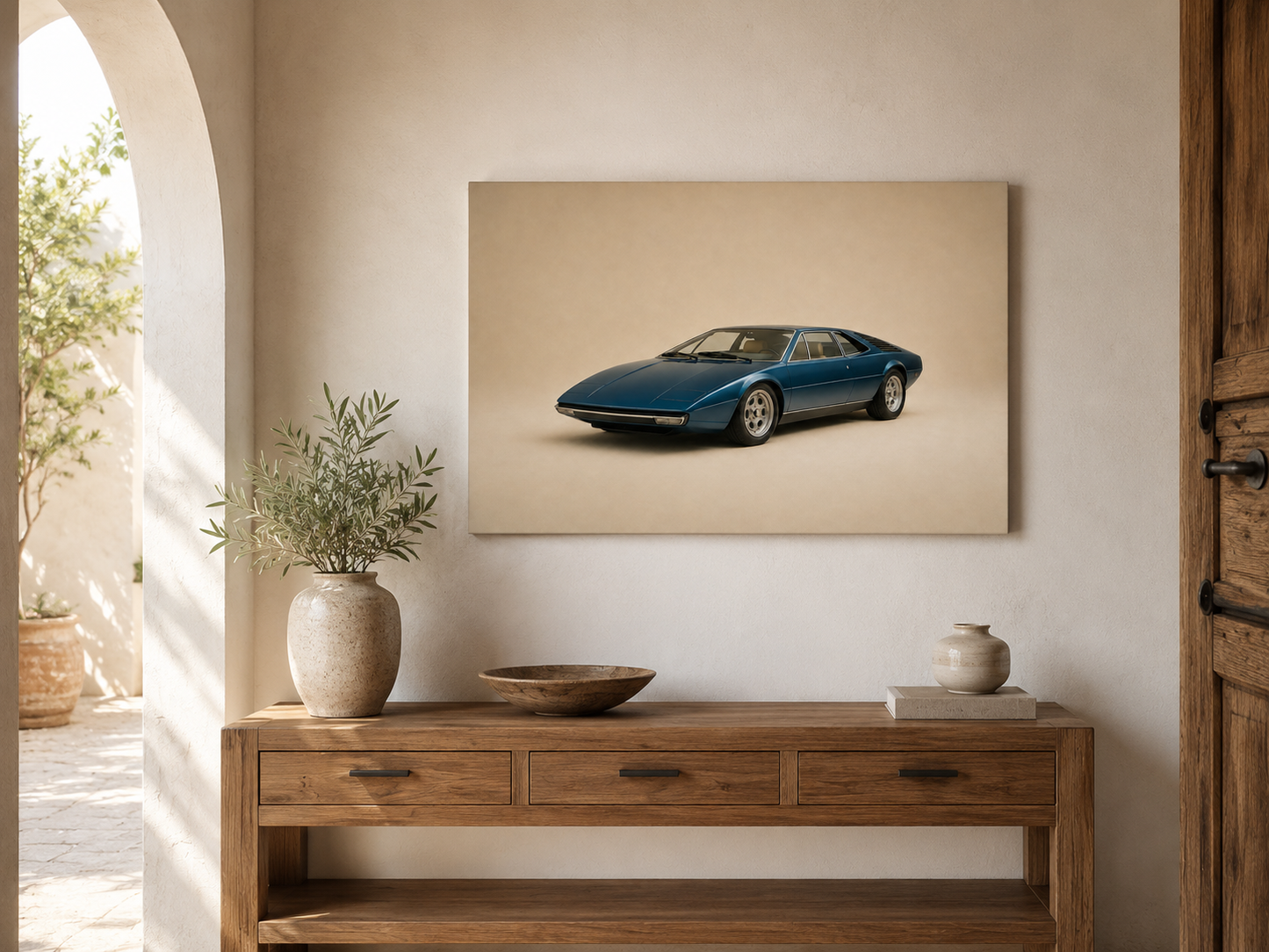 Blue Meridian retro sports car artwork displayed above a wooden entryway console