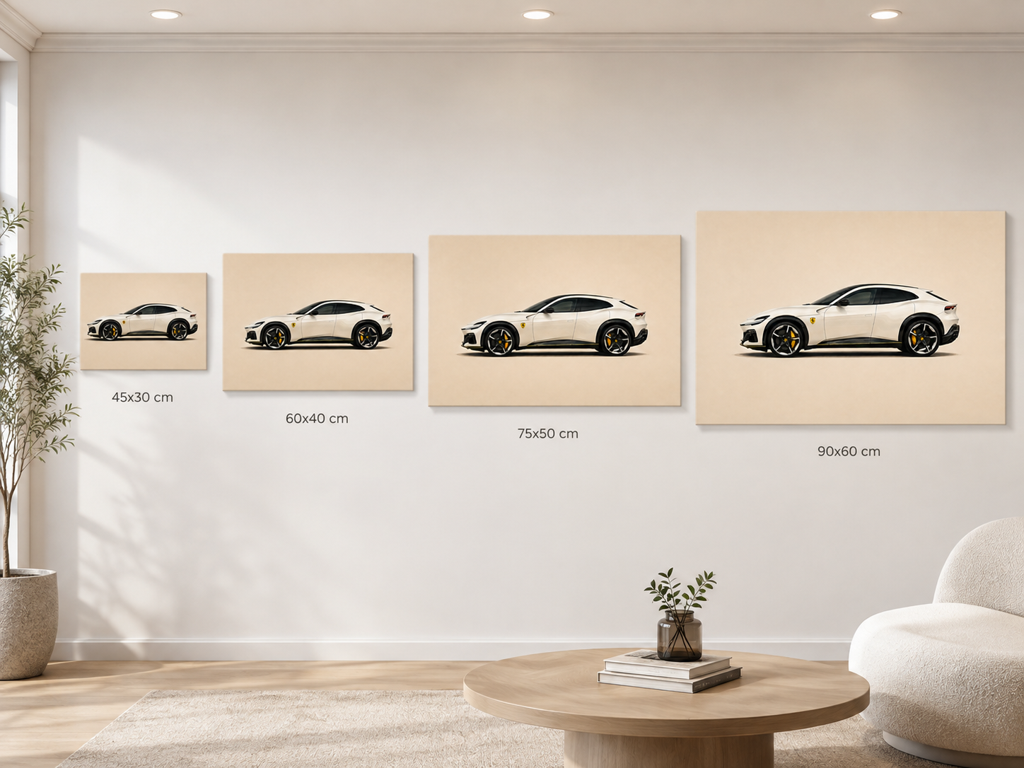 Ivory V12 performance SUV canvas size comparison showing four available wall art dimensions