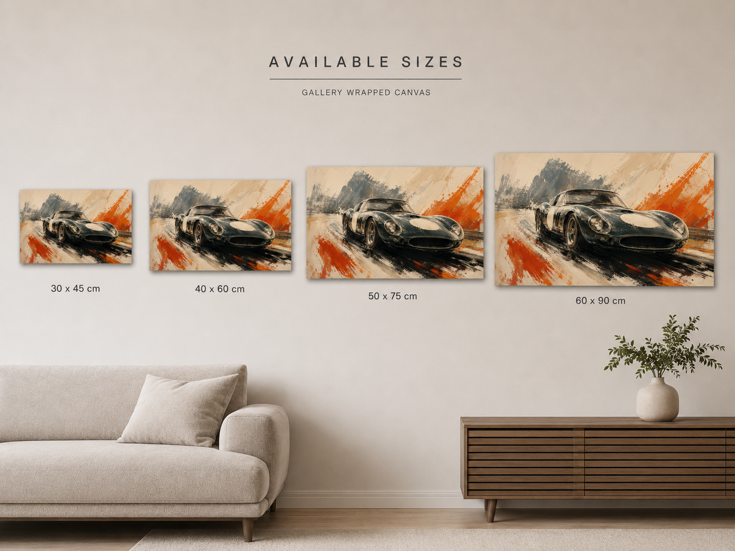 Brushline Velocity horizontal canvas size comparison from 30 × 45 to 60 × 90 cm