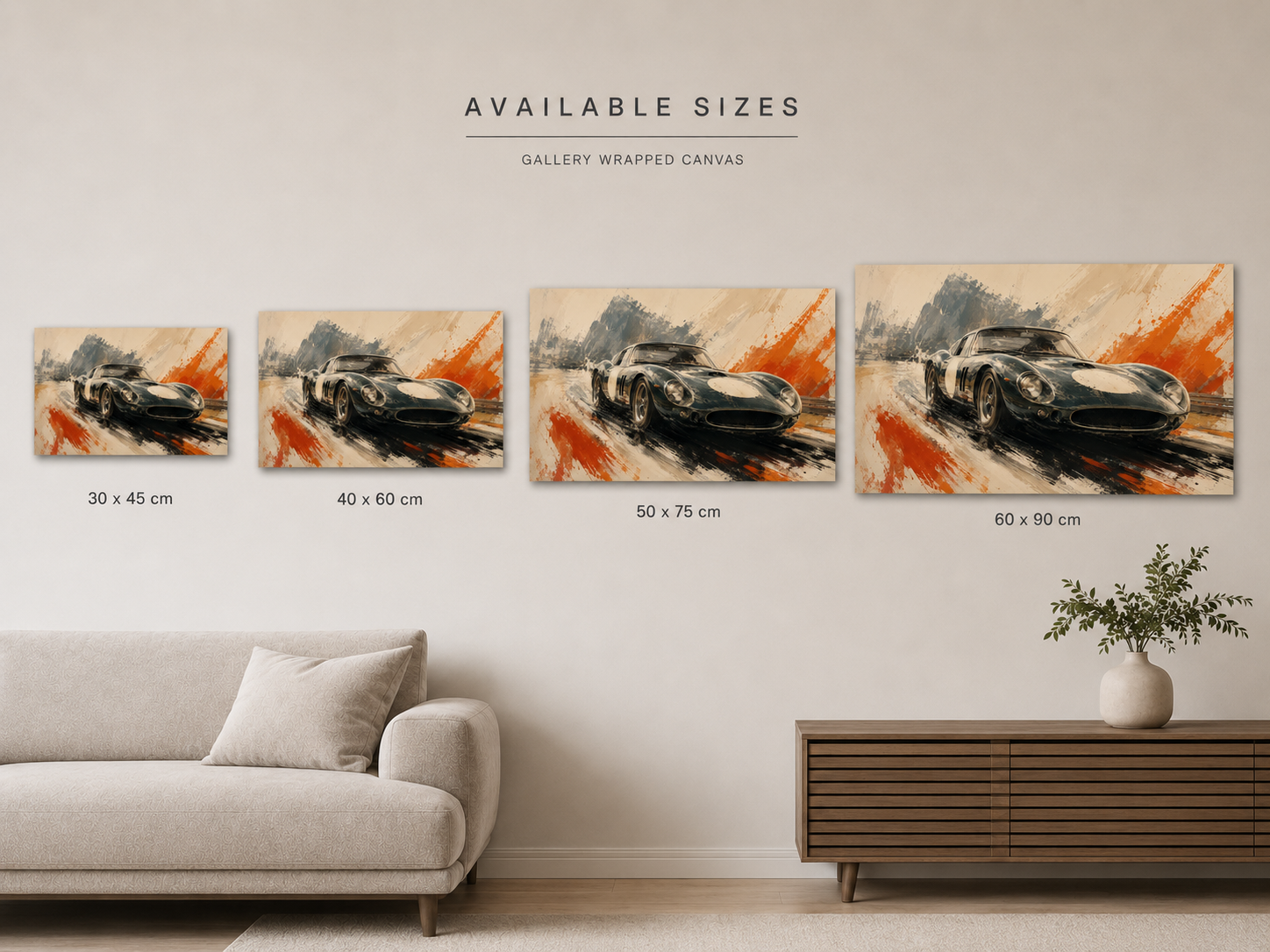 Brushline Velocity horizontal canvas size comparison from 30 × 45 to 60 × 90 cm