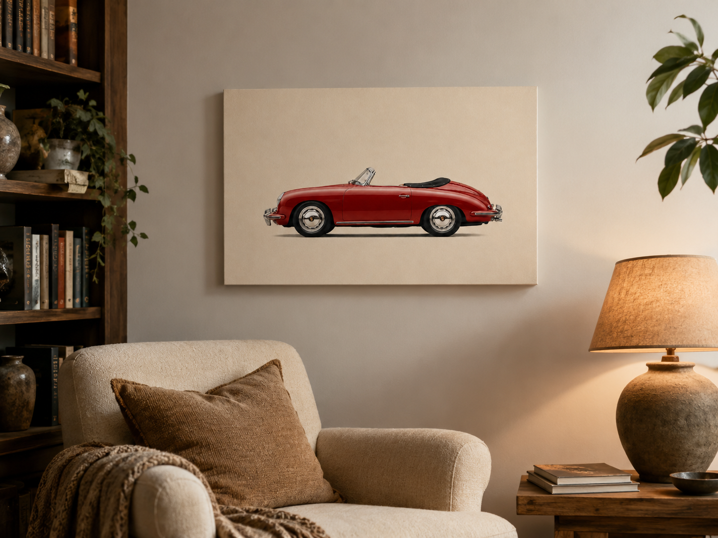 Crimson Roadster minimalist red classic convertible canvas wall art in a cozy reading corner