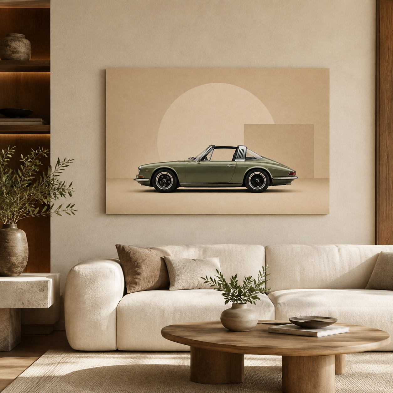 Olive Arc targa sports car canvas displayed in a warm modern lounge