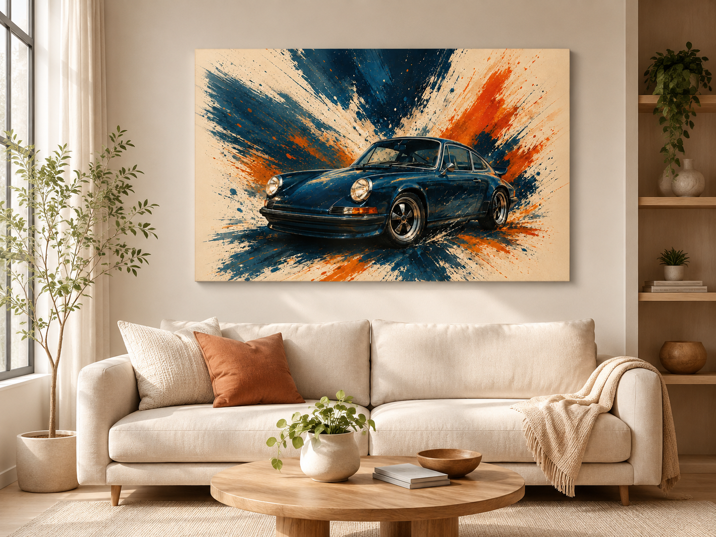 Blue Velocity expressive classic car canvas displayed above a bright neutral living room sofa