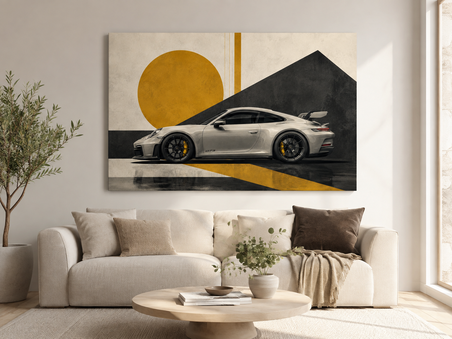 Golden Apex automotive wall art displayed above a bright neutral living room sofa