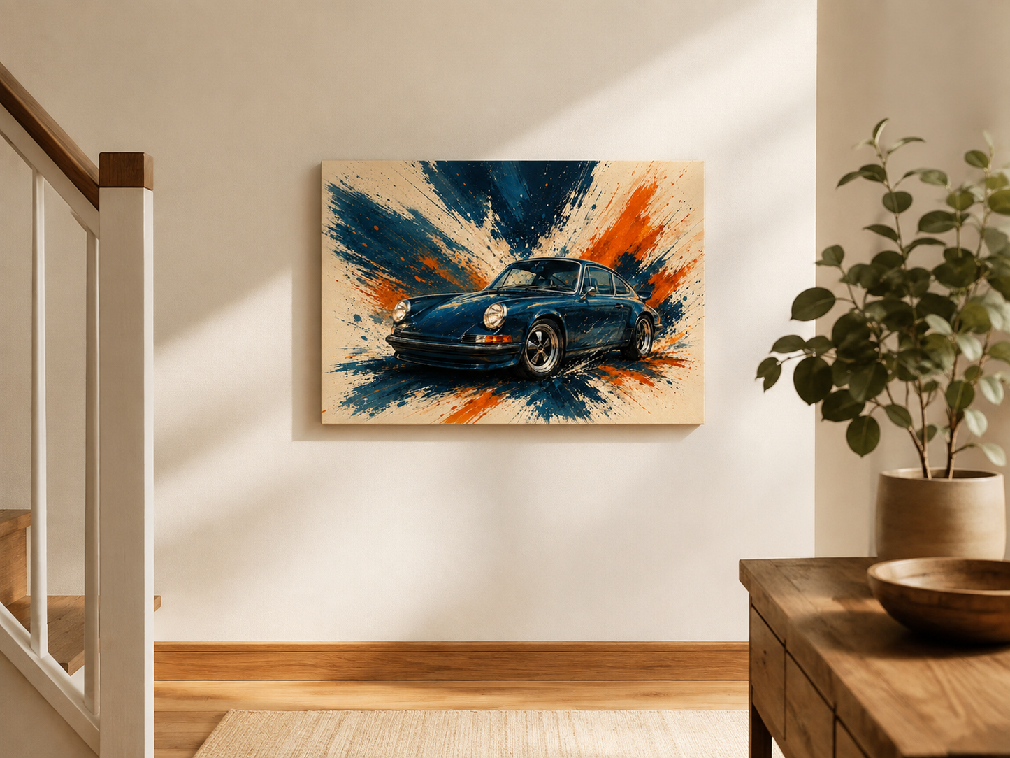 Blue Velocity illustrated sports car canvas displayed beside a modern staircase
