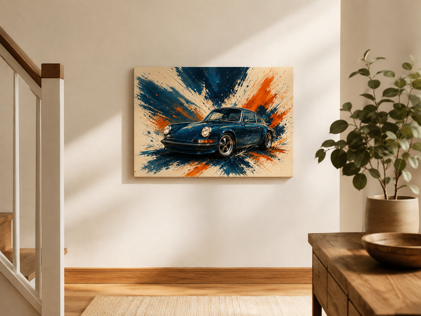 Blue Velocity illustrated sports car canvas displayed beside a modern staircase