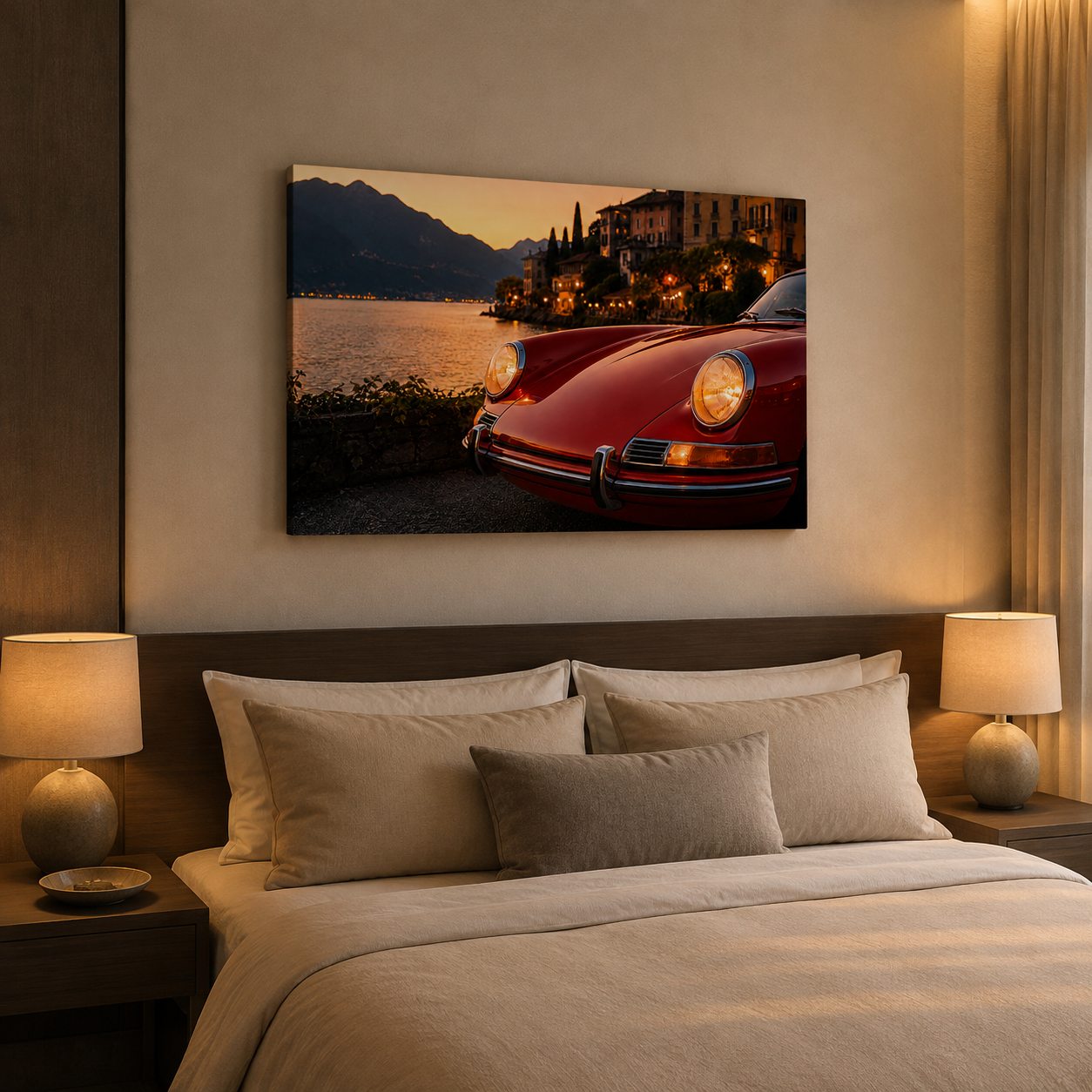 Crimson Riviera classic sports car canvas displayed above a bed in a sophisticated neutral bedroom
