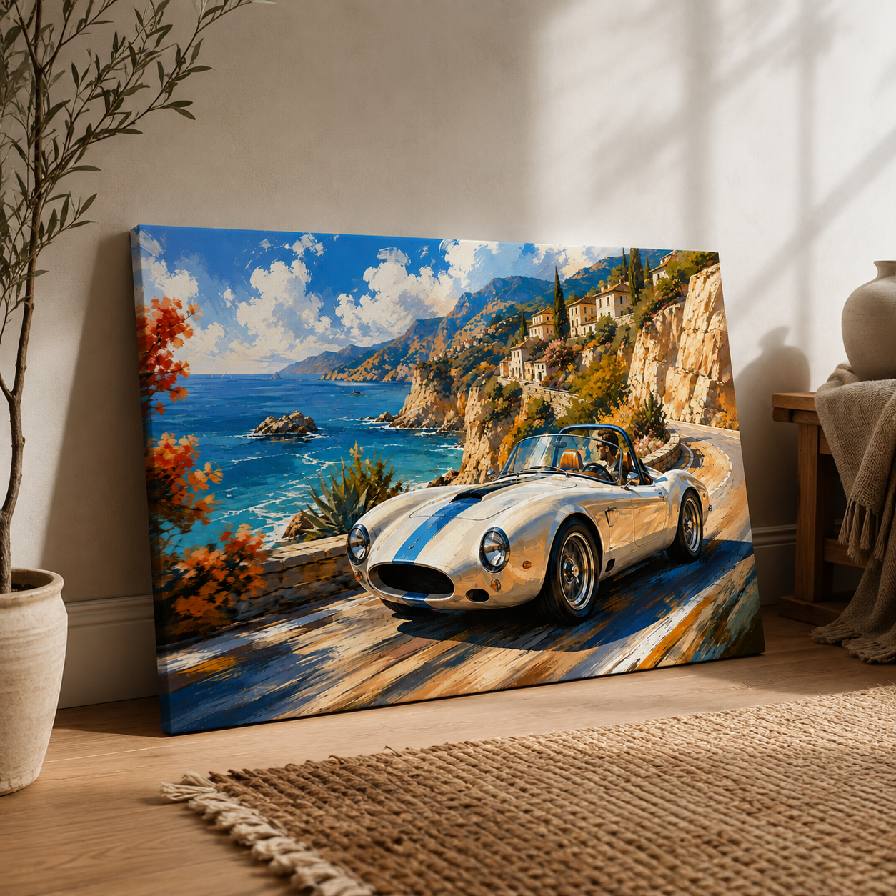 Azure Coast illustrated coastal roadster canvas leaning against a wall in a warm neutral room