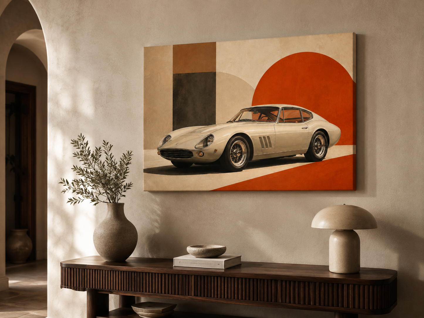 Crimson Geometry geometric classic car art displayed above a modern wooden console