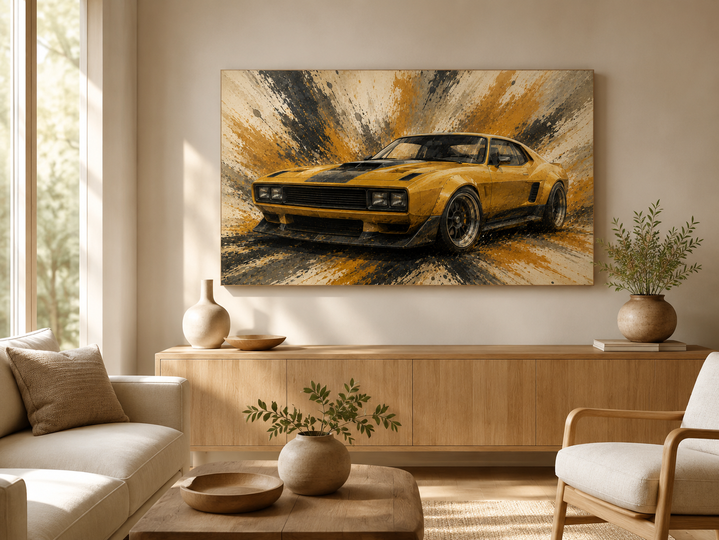 Mustard Motion illustrated classic muscle car canvas displayed in a bright modern living room