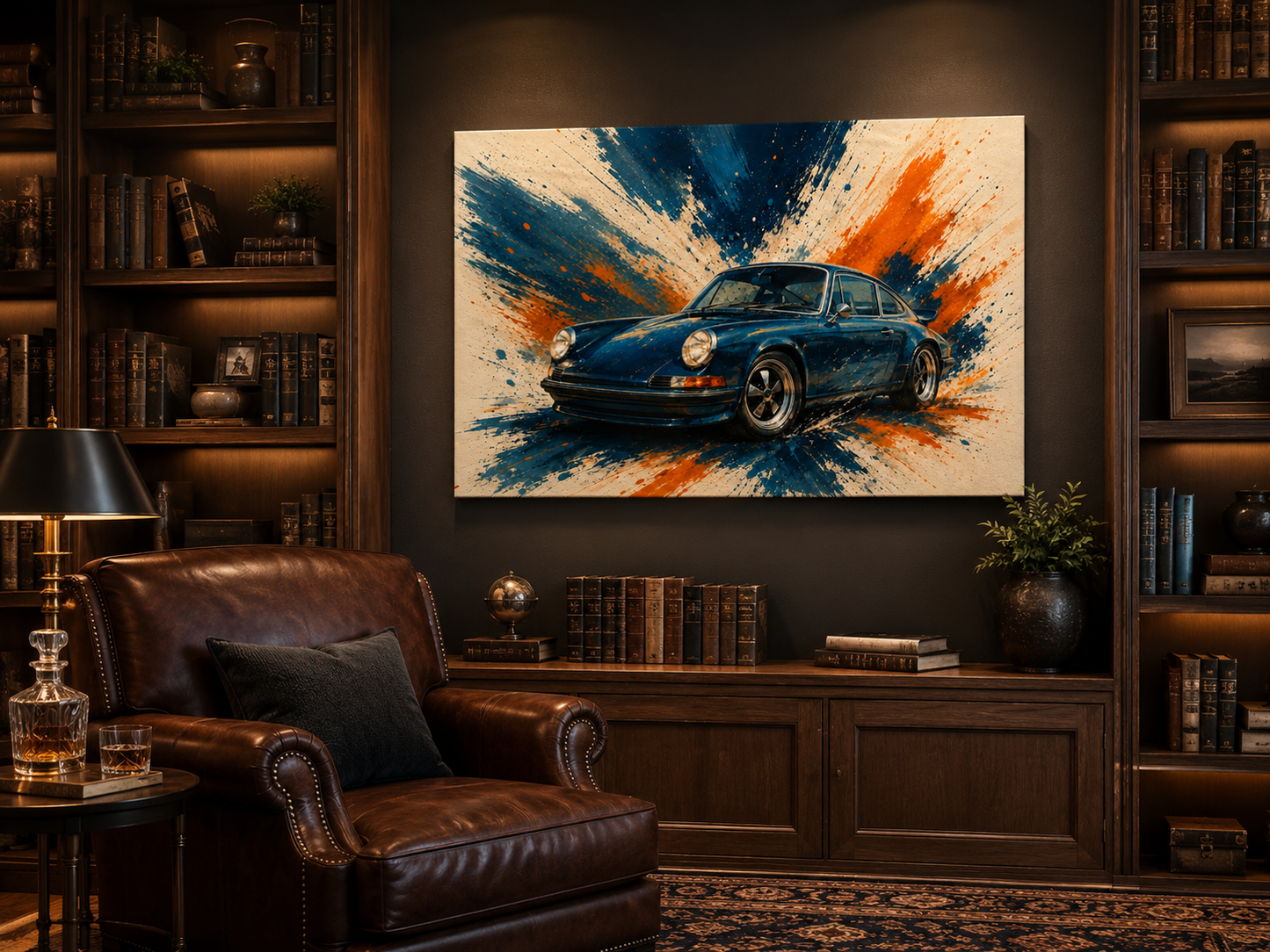 Blue Velocity blue classic sports car artwork displayed in a dark luxury library