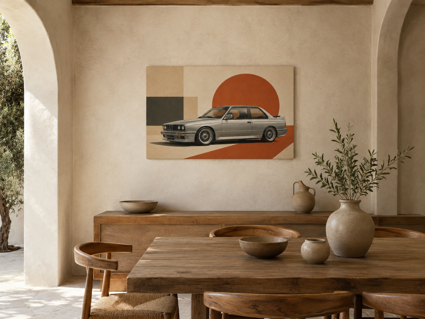Silver Apex retro silver coupe canvas displayed in a Mediterranean dining room with natural wood furniture