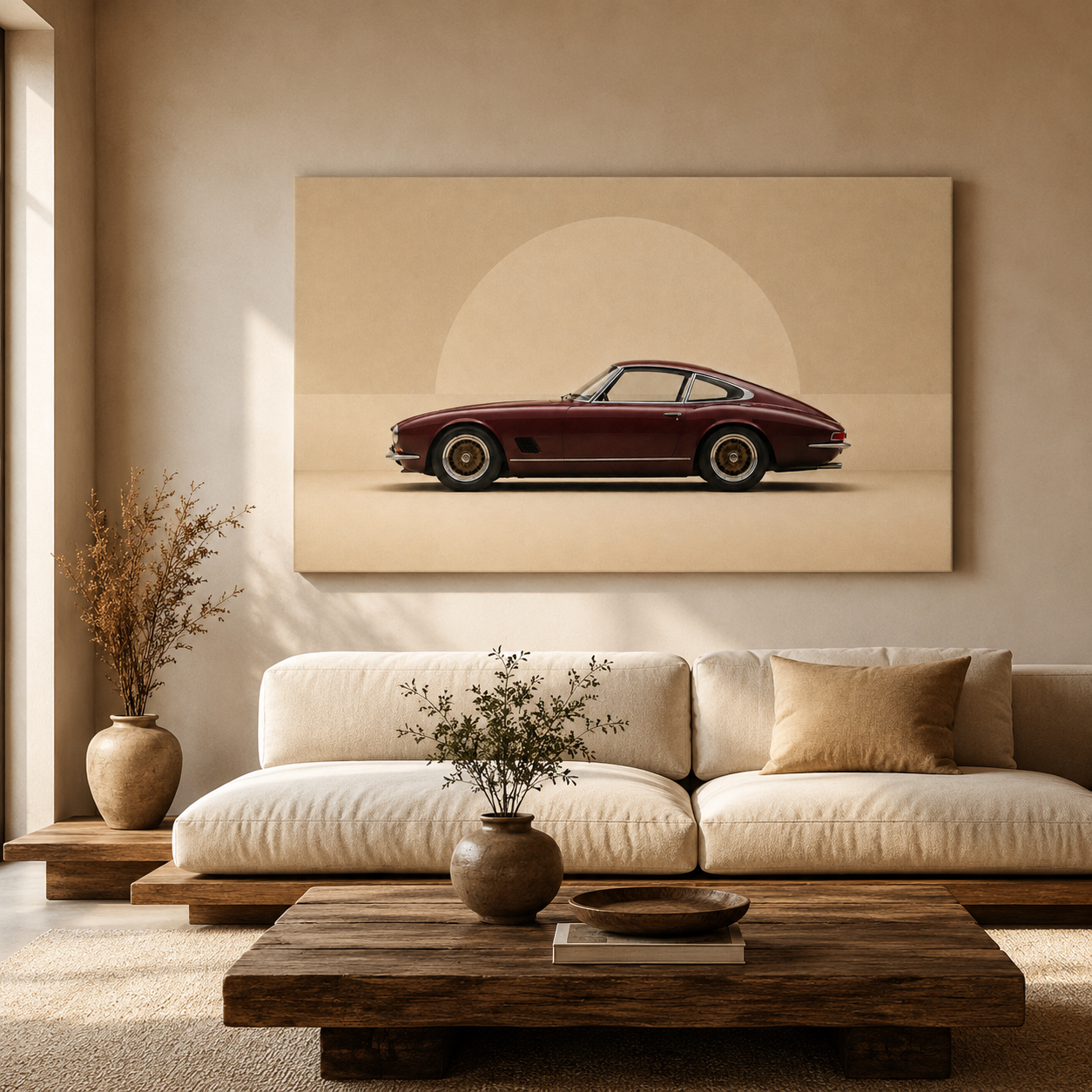 Small Burgundy Horizon classic car canvas displayed in a cosy reading corner