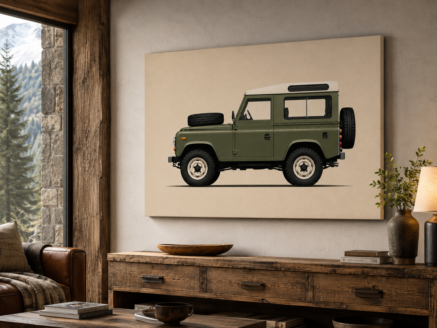 Olive Expedition vintage off road canvas displayed in a rustic mountain cabin interior