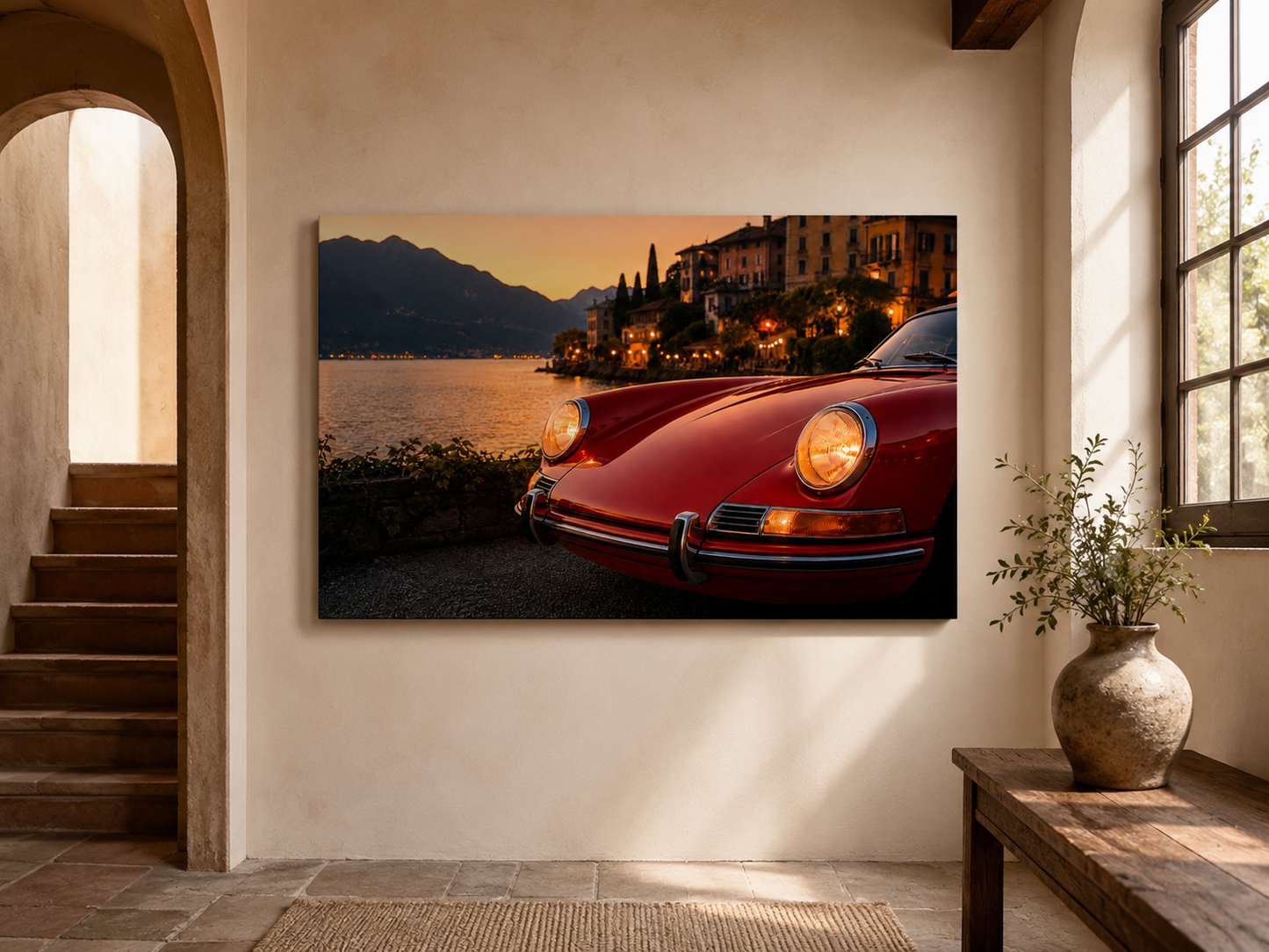Crimson Riviera red classic sports car canvas wall art in a warm Mediterranean entryway