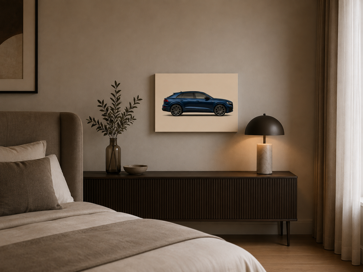 Midnight Q8 medium blue SUV canvas displayed above a dark bedroom sideboard