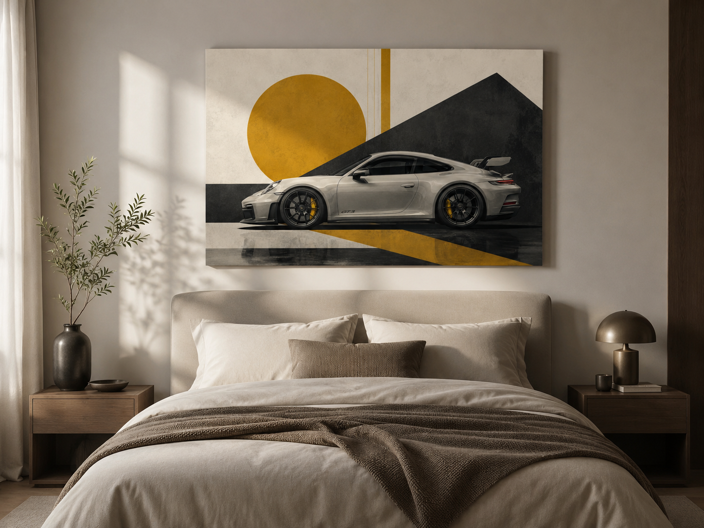 Golden Apex modern car art displayed above a warm neutral bedroom